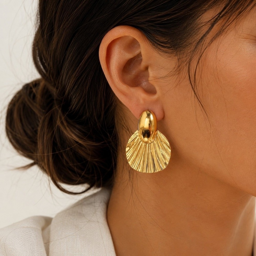 Gold Shell Fan Statement Earrings Vintage Coastal Mermaid Style